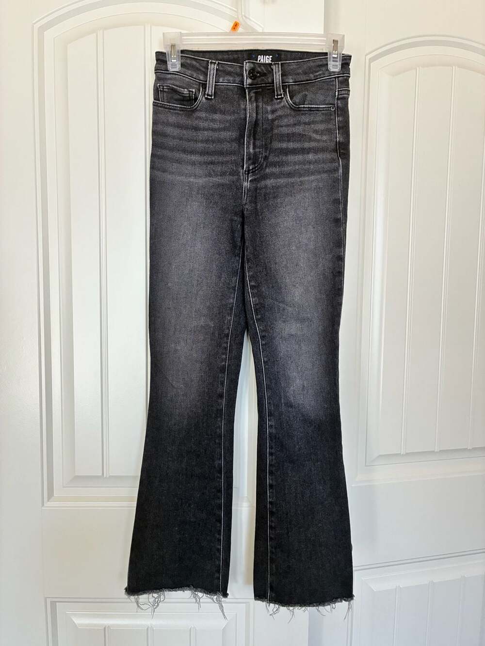 PAIGE Claudine High Rise Raw Hem Flare Black Jeans Size 25